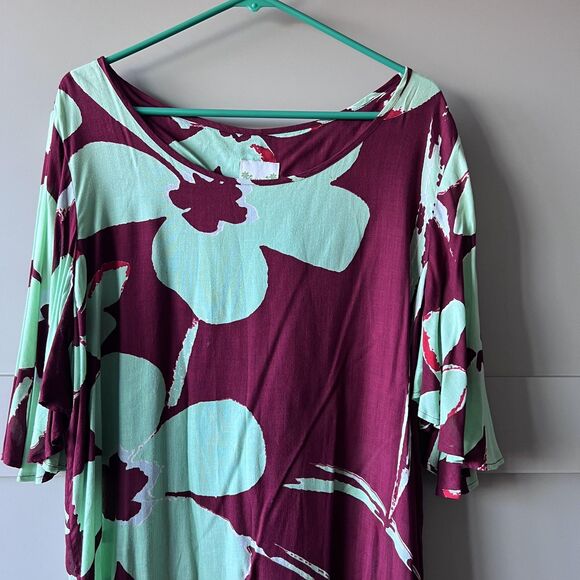 Tiare Teti Tahiti Dress Women XL Burgundy Mint Tunic Floral Rayon Hawaiian Aloha - Picture 3 of 11